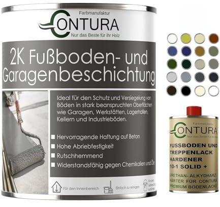 Contura 2K Bodenfarbe Betonfarbe Garagenfarbe Kellerboden Fussbodenlack Seidenmatt Lack (6002 Laubgrün, 1,10Liter (1L+100ml Härter))