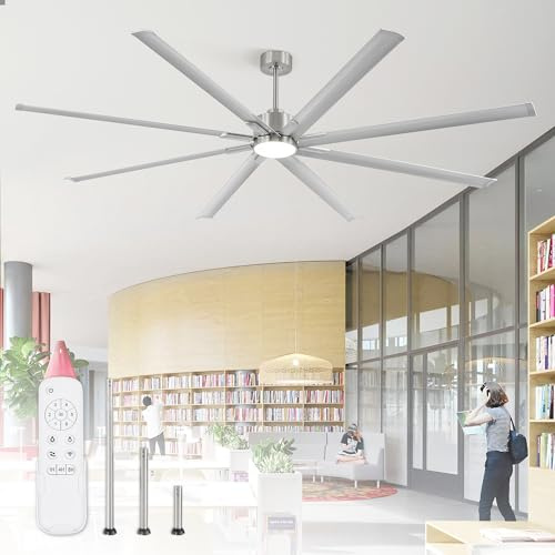 ZMISHIBO 96 Industrial Ceiling Fans with Lights, Large Ceiling Fan with 3CCT, 8 Reverisble Aluminum Blades, Quiet DC Motor, 6-Speed Remote, Indoor/Outdoor Ceiling Fans for Patios/Garage/Porch, Nickel