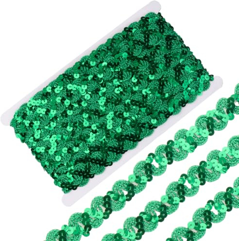 CABODYALS Cinta de Lentejuelas Verdes de 11 m con Purpurina Bordada Cintas de Lentejuelas de Poliéster Planas Redondas Y Onduladas para Coser Hacer Decoraciones Navideñas Envolver Regalos Manualidades