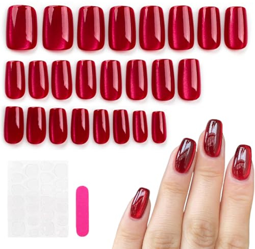 OUDQFCJ 24 pezzi Unghie Finte Rosse Adesive Gel Nail Stickers, Unghie Finte Natale Corte Quadrate, Press on Nails per Ragazze Donna, Copertura Completa per Natalizie Halloween DIY (corte quadrate)