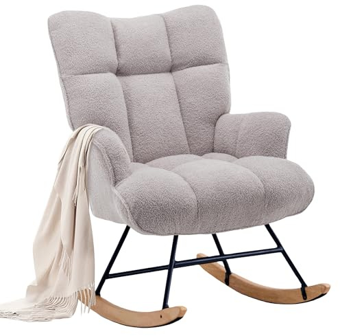 XH.Easy Go Rocking Chair Nursery Teddy Upholstered Glider Rocking Accent Chairs Padded Seat with Rubber Wood Legs Armchair Comfy Side Chair for Living Room Bedroom Offices (Grey Teddy)