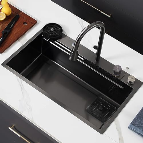 DnKelar Spülbecken, Küchenspüle aus Edelstahl, Küchenspüle 75 x 46 cm, Einbauspüle mit Siphon, Einbauspüle Set, Spüle Küche Mit 3 Hahnlöcher, 1 Becken