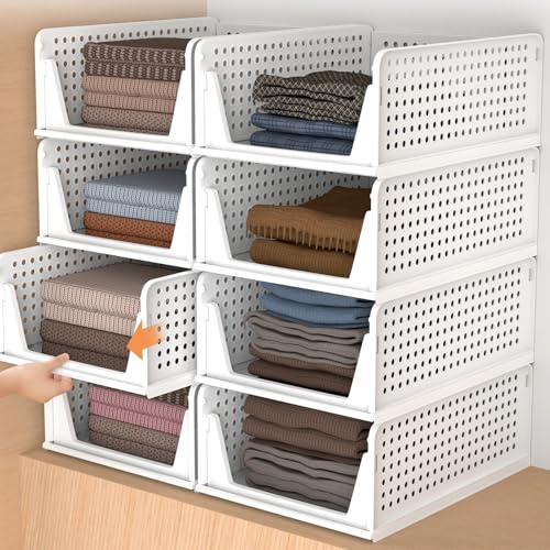 Bowose Wardrobe Storage Organiser, 4 Pack Stackable Storage Boxes Clothes Storage,Cupboard Storage Organiser,Drawer Organiser Under Sink Storage,Airing Cupboard Storage Basket,White