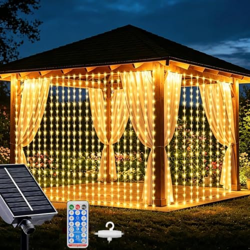 Cveenk Solar Lichtervorhang Aussen 3x3 m, 8 Modi 300LED Lichterkette vorhang Warmweiß, Wasserdicht Solar Wasserfall Lichter für Außen Pavillon Balkon Hochzeit Deko