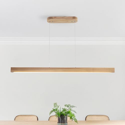Wooden LED Pendant Light Dimmable,100Cm Natural Wood Kitchen Island Lights with Remote Control,Height Adjustable,30W Hanging Lights Modern Dining Table Light for Living Room Bedroom Restaurant