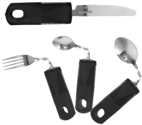 Cubiertos Adaptables para Mayores, 4 Piezas, Acero Inoxidable | Negro, Mango Antideslizante de Goma y Plástico, Cuchara, Tenedor y Cuchillo Flexibles