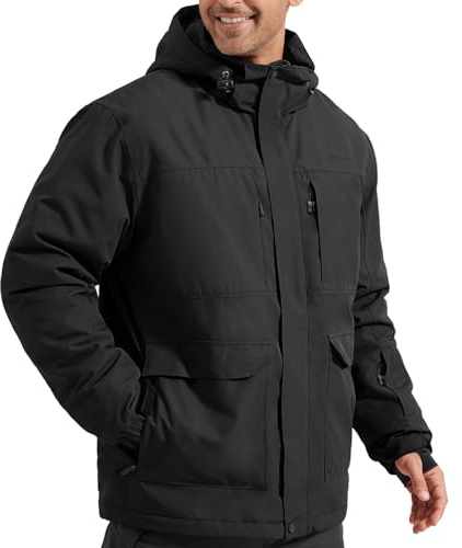 FREE SOLDIER Veste de ski imperméable pour homme avec doublure en polaire, col neige chaud pour l'hiver avec capuche et coutures entièrement étanches, Noir, XXL
