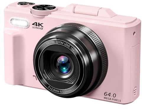 Cámara digital 4K para fotografía y vlogging con 64 MP, pantalla abatible de 180° de 3 pulgadas, zoom digital de 18X y tarjeta micro SD de 32 GB para principiantes (rosa claro)