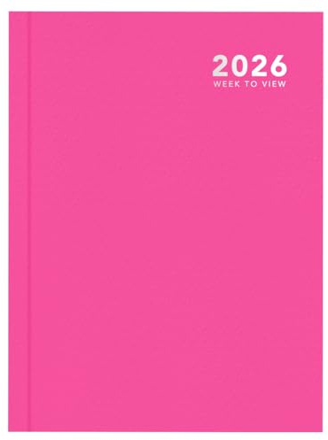 2026 A5 Week to View Diary – Full Year Hardback Casebound Organiser – Weekly Layout Diary Planner for Home Office School & Work – UK Focused Diaries with Colourful Covers (Bright Pink)