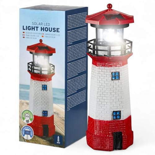 MIJOMA Solar LED Leuchtturm mit Licht – Wetterfest & detailreich für Garten & Balkon – Solar-Deko aus Polyresin – mit Akku & LED-Lichttechnik (28 cm)