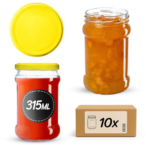 KADAX Tarros de conservas de 315 ml con tapa de rosca fi66 mm, tarros de cristal con tapa de rosca para mermelada, miel, mermelada, tarros de conservas (amarillo, 10 unidades)
