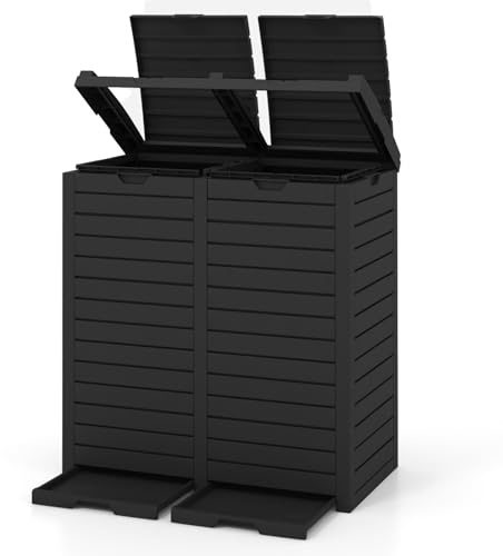 COSTWAY Poubelle Exterieur 235L, Poubelle de Jardin avec Couvercle et 2 Plateaux Extractiblex, Cerclage, Boîte à Ordures Tri Selectif 2 x 118L Étanche pour Porche, Arrière-Cour, Terrasse, Patio (Noir)
