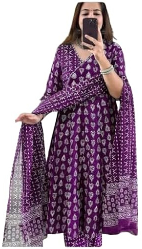 Sambhav Quilt Hub Conjunto de kurta y pantalón Anarkali con estampado índigo para mujer con Dupatta, Púrpura, XL