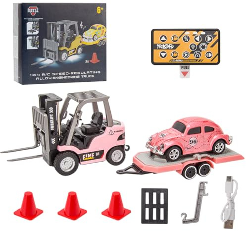 RZARDFLAMR Mini carrello elevatore RC in lega per adulti, scala 1/64, veicolo telecomandato 2,4 G, con gancio, forche e pallet, regalo per collezionisti e hobbisti, giochi interni ed esterni (RTR/rosa