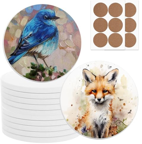 ASelected 12 Pack Ceramic Coasters, 10cm/4inch Round Sublimation Coasters Cork Backed, White Sublimation Blank Coaster Ceramic Coaster Tiles for Crafts, Art, Painting - 7.5mm Thick