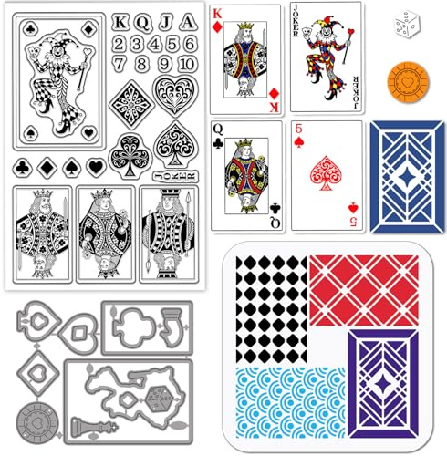 GLOBLELAND Spielkarten Silikon Stempel Zum Kartenbasteln Poker König Königin Metall Stanzformen Clown Spielkarten Textur PET Malschablonen Vorlage Für Spiele Scrapbooking Basteln DIY Prägen