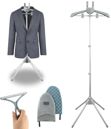 Giyochie Clothes Steamer Stand Hanger Set, Height Adjustable Handheld Garment Steamer Rack with Ironing Gloves and Hair Remover ﻿for Easy Steaming and Storage, Birthday Gift for Mom Wife(Color:Grey)