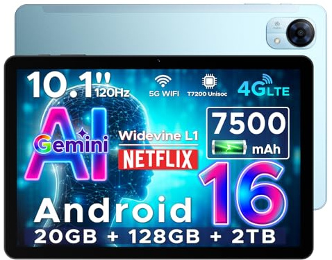 DOOGEE Tab G5 Android 16 Tablet con Sim, Tablet 10 Pollici Gemini AI, 20GB+128GB/2TB & T7200 Octa Core, 7500mAh, IPS HD 120Hz e Ultrasottile, 2 Altoparlanti/Widevine L1/8MP+5MP/Face ID/GPS-Blu