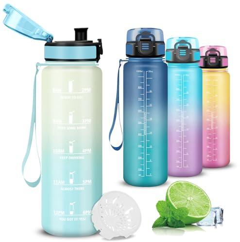 Mujigaga Gourde- 1l- Gourde Sport, Anti-Fuite, Gourdes Graduée, Gourdes Adulte avec Slogan de Motivation, Facile à Transporter, Bouteille d'eau pour Voyage, Camping, Randonnée, Yoga