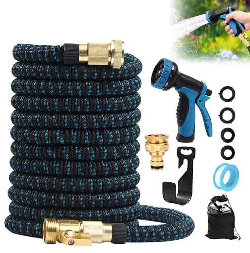 Flexibler Gartenschlauch 30M, Wasserschlauch Flexibel, Dehnbarer Wasserschlauch mit 10 Funktionsdüse Brause, Leichter und Knickfreier Flexischlauch, Gartenschläuche mit 3-Fach Latexkern (Blau)