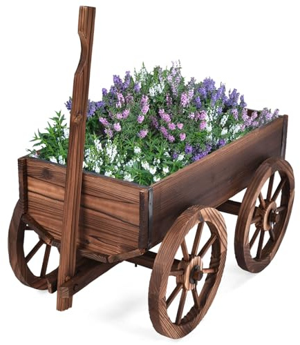FANTASK Blumenwagen Holz, 120 x 43 x 53,5cm, Pflanzenwagen mit Griff, Blumenständer mit 4 Rädern, Gartendeko, Bollerwagen für Garten & Balkon