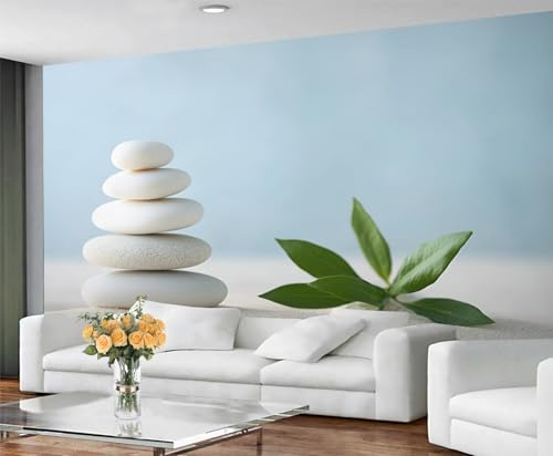 GIVLWF Tapete Zen Schlafzimmer Wandbilder, weiße Steine, Tapeten für Wohnzimmer, großes Wandbild & Raumdekoration, grüne Blätter, nicht selbstklebend