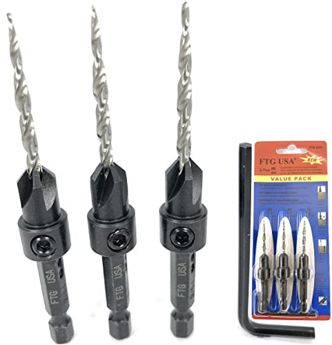 FTG USA 3 Pc #6 (9/64) Adjustable Wood Countersink Drill Bit Set