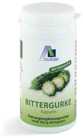 Avitale Bittergurke 500 mg mit Vitamin B6, Made in Germany, 60 Kapseln | Für einen normalen Homocysteinspiegel: Bittergurke-Kapseln mit standardisiertem Frucht-Extrakt (10:1) und Vitamin B6 (1 mg)