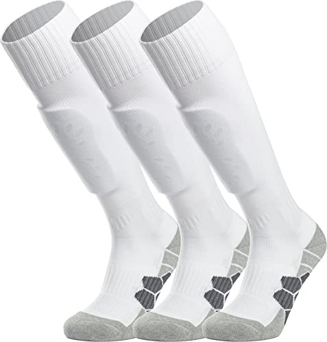 APTESOL Youth Soccer Socks Knee High Team Sport Cushion Sock Women Men Long Tube Cotton Athletic Compression Socks (3-Pair White-A,Large)