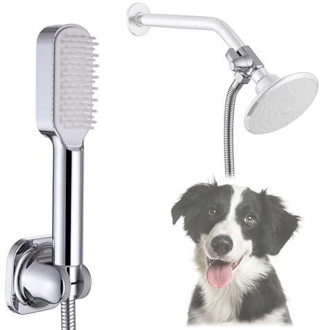 Dog Shower Attachment Kit with Brush Shower Head, No Drill Bracket - Dog Grooming Tool with Extra-Long Hose - Pet Wash Sprayer Set for Indoor Washing and Cleaning with Shower Arm Diverter