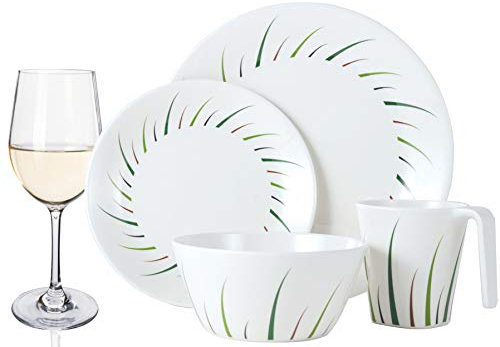 Juego de vajilla de melamina para camping, 4 personas, diseño de limones, 16 piezas + 4 copas de vino blanco