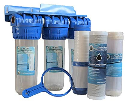 Planet-Aqua 3 Stufen Vorfilter Wasserfilteranlage Filtergehäuse 10 Zoll x 3/4 IG unmontiert inkl. Eisenfilter Kombifilter Aktivkohlefilter gegen Bakterien Eisen Gerüche Trübungen Sedimente