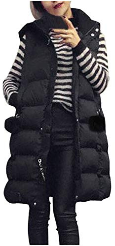 HHMY Lång quiltad väst dam: Stora storlekar väst med huva lång jacka huvtröja rock pufferväst vinter dammode ytterkläder, dragkedja, ficka, S – 4XL, svart, 4XL
