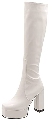 CUTEHEELS Stivali casual plateau alti al ginocchio con tacco grosso e punta quadrata per donna alla moda