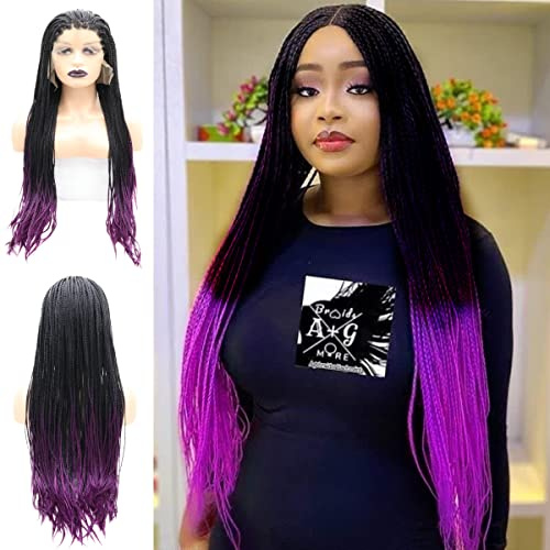 Parrucche intrecciate viola per donne nere lunghe Ombre viola scuro scatola treccia parrucca realistica sintetica resistente al calore fibra parrucca capelli quotidiano trascinare regina 26 pollici