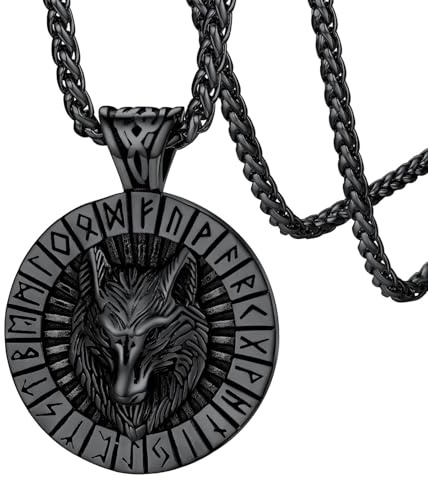 FaithHeart Collar Cabeza Lobo con Letra Runa Collar Vikingo Hombre Acero Inoxidable 316L Animal Nórdico Medalla Vikinga Amuleto Familias