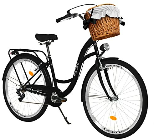 Milord Komfort Fahrrad mit Weidenkorb Hollandrad, Damenfahrrad, Citybike, Retro, Vintage, 26 Zoll, Schwarz, 7-Gang