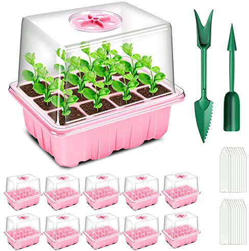 YAUNGEL Zimmergewächshaus Anzuchtkasten, 10 Stück 120 Zellen Mini Gewächshaus Anzucht Set mit erhöhten Deckel, Setzling Starter Tabletts Treibhaus Anzuchtschale mit Deckel für Pflanze, Rosa
