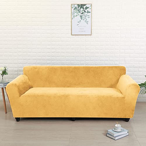 YOPOIY Velvet Sofa Überwürfe, Stretch Sofabezug Weich rutschfest Couchbezug Waschbar Wohnzimmer Möbel Protector für Hunde Haustier -Gold-3-Sitzer (185-230 cm)