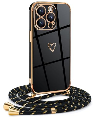 Mkej Frauen Mädchen Handykette Kompatibel mit iPhone 12 Pro - Silikon Hülle mit Band - Handyhülle für iPhone 12 Pro Herz Love Design Galvanik - Hülle mit Kordel in schwarzes Gold