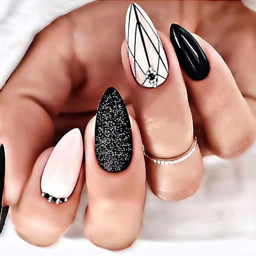 Sethexy Kurz Mandel Nägel zum Aufkleben Schwarz Geometrisch Press on Nails Glitzer Fake Nails 24 Stück Acryl Falsche Nägel für Frauen und Mädchen