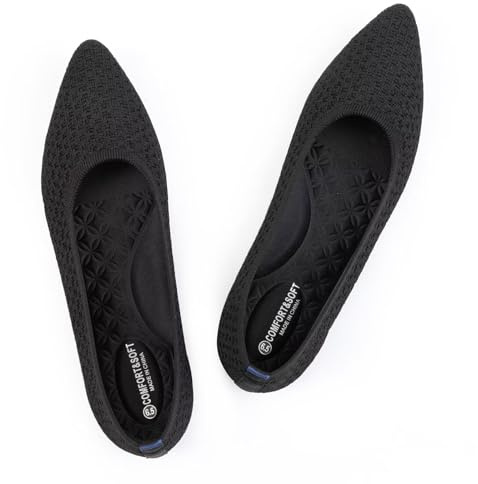 Frank Mully Frauen Spitze Zehe Ballett flach Strickkleid Schuhe Low Wedge Flache Schuhe Komfort Slip On Flats Schuhe für Frau Klassische Schuhe, Schwarz, 43 EU