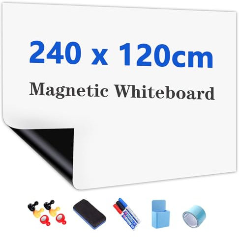 JOMUSAGA Whiteboard Folie, 240 x 120 cm, magnetisch selbstklebende Weißwandtafel Folie, Whiteboard Sticker DIY, inklusive Marker, Schwamm und Magnete, für Schule, Büro und Zuhause