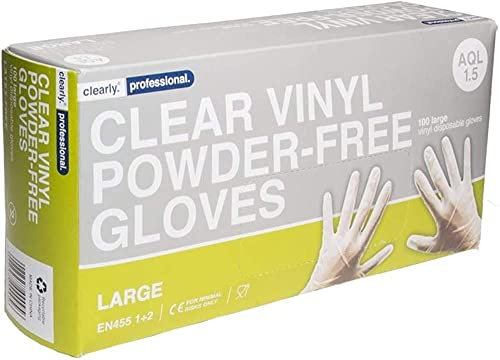 Clearly | Clear Vinyl Powder-Free Latex-free Gloves, disposable gloves, Multi purpose & extra strong, Box of 100 Blue (Clear, Large)