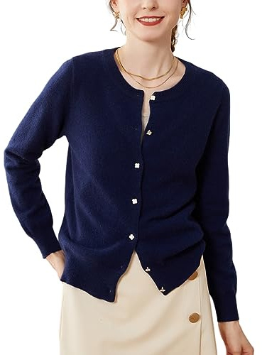 Valin Gilet Cachemire Femme Col Rond Perles Ajusté,Bleu Marine,44