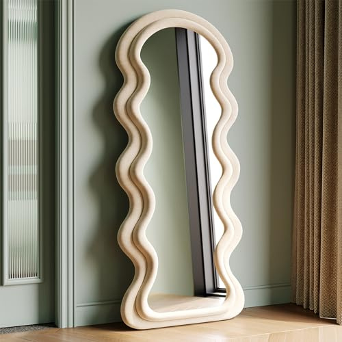 Full Length Mirror 160x60cm,Irregular Wavy Mirrors,Arch Floor Standing Mirrors for Bedroom,Living room,Flannel Wrapped Wooden Frame Decorative Wall Mirror,White