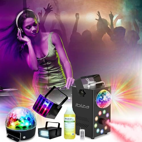 Générique Pack Lumières IBIZA LIGHT - Ensemble Jeux Lumières Stroboscope Astro Derby - Machine Fumée LEDS RGB FOGGY-ASTRO Soirée Cadeau Fête