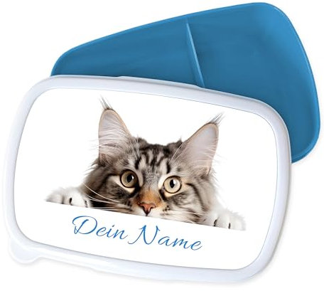 GRAZDesign Personalisierte Katze Brotdose mit Namen für Kinder - Frühstücksbox Kindergarten und Schule - Geschenk für Mädchen & Jungen - blau