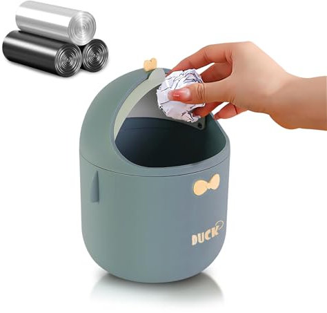 QLFJ-FurDec Rubessia Pattumiera da Tavolo con Coperchio, Cestino da Scrivania con 3 Rotoli di Sacchetti, 15,5x14x23,5cm Mini Bidone Spazzatura, Cestino da Tavolo per Bagno Cucina (Anatra-Verde)