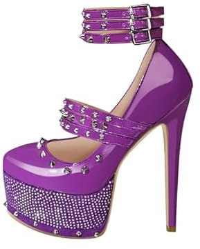 MissHeel Plateau Pumps mit Schnallen Pole Dance High Heels verzierte Strass Nieten Sexy Violett EU 44